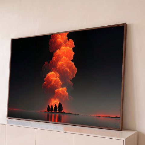 Nuvem de fogo laranja subindo sobre pinheiros refletidos no lago sob céu estrelado, quadro decorativo