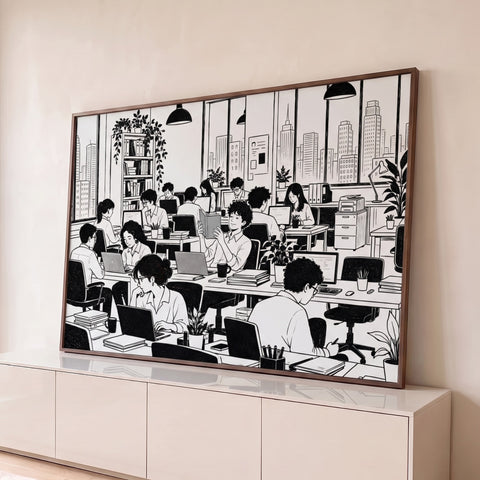 Desenho em traço preto de equipe trabalhando no escritório, cidade na janela e livro vermelho, quadro decorativo