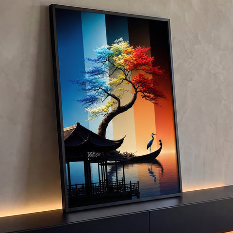 Árvore com folhagem arco-íris, garça em barco e pavilhão oriental refletidos na água, quadro decorativo