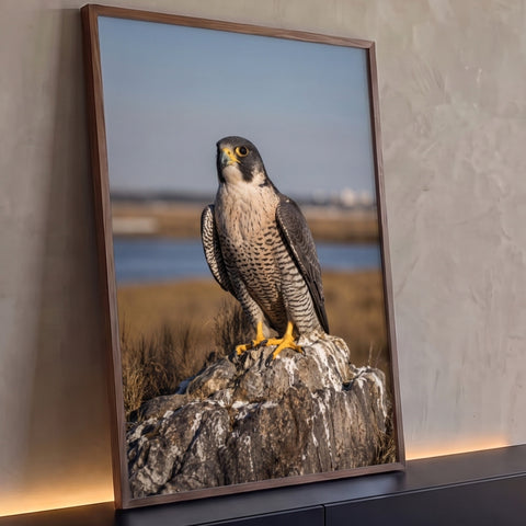 Falcão-peregrino de penas cinza listradas pousado em rocha, com campo dourado desfocado, quadro decorativo