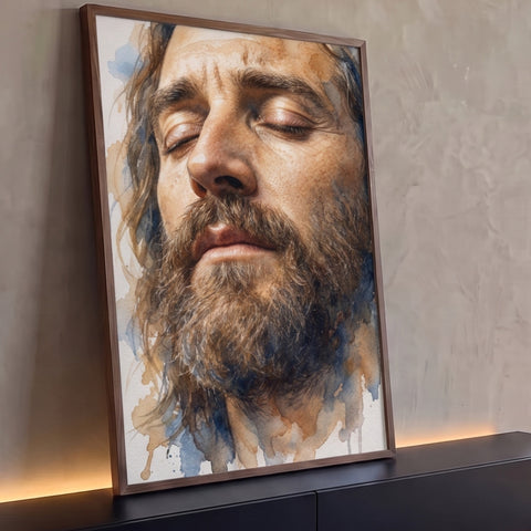 Rosto de Jesus em aquarela de olhos fechados, barba e tons terrosos e azuis, quadro decorativo