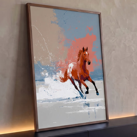 Quadro Decorativo Grande Cavalo Castanho para Sala Laranja | quadros decorativos para sala | cavalo castanho correndo com crina ao vento sobre fundo abstrato coral e azul | Porao dos Quadros