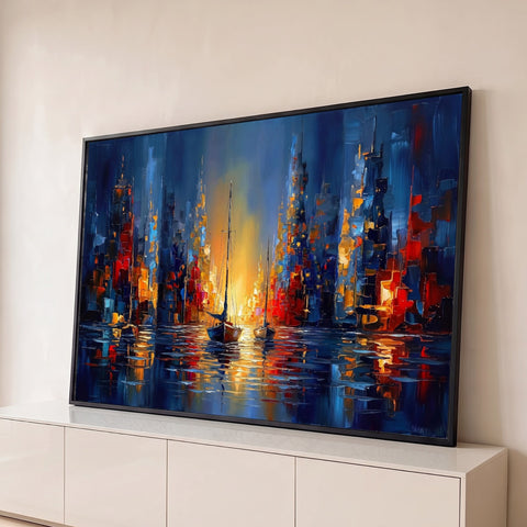 Pintura a óleo de dois veleiros entre prédios iluminados em azul, vermelho e dourado, quadro decorativo