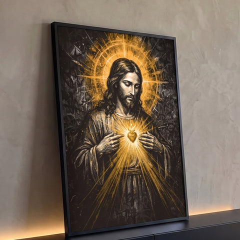 Jesus com Sagrado Coração em chamas e auréola dourada sobre fundo grafite preto, quadro decorativo