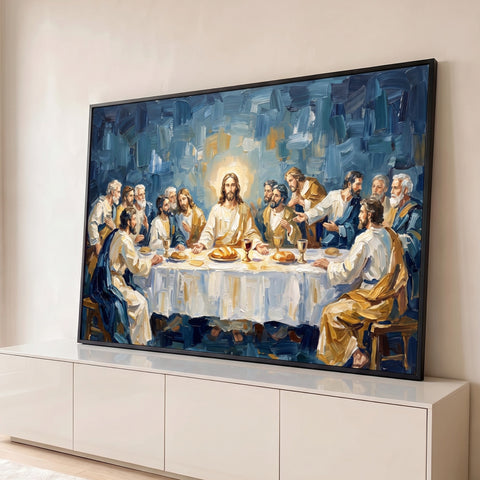 Santa Ceia com Jesus e apóstolos em pinceladas a óleo azuis e douradas, quadro decorativo