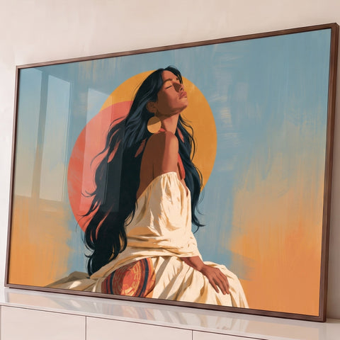 Ilustração de mulher indígena de cabelos longos e olhos fechados diante de sóis laranja, quadro decorativo