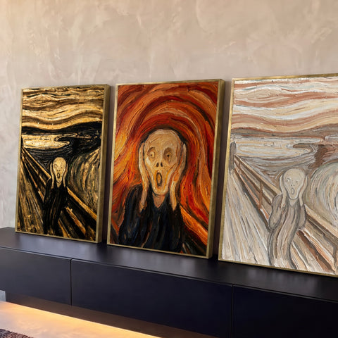 Quadro Decorativo Kit 3 Telas Grito de Munch para Sala | quadros decorativos para sala | figura gritando em três versões de cor inspirada em O Grito de Munch | Porao dos Quadros