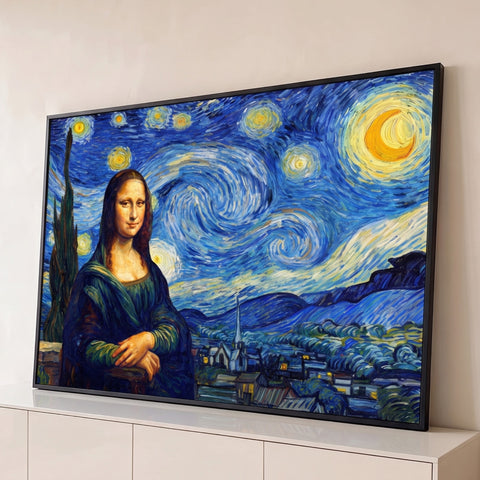 Mona Lisa pintada no estilo Van Gogh diante do céu da Noite Estrelada com lua e cipreste, quadro decorativo