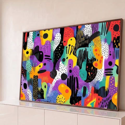 Pintura abstrata com bolinhas, traços e formas orgânicas em roxo, amarelo e turquesa, quadro decorativo