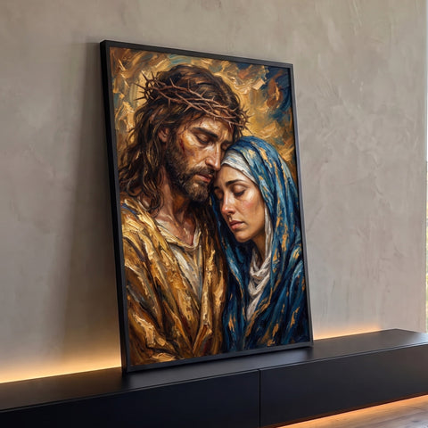 Jesus com coroa de espinhos e Maria de véu azul chorando, pintura a óleo dourada, quadro decorativo