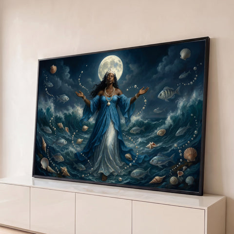 Iemanjá de vestido azul e coroa sobre ondas, lua cheia, pérolas, peixes e conchas, quadro decorativo