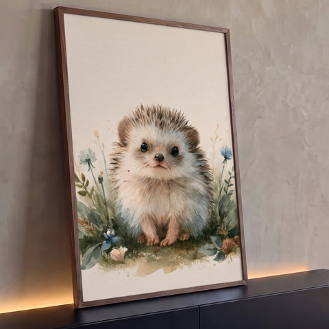 Filhote de ouriço em aquarela entre flores azuis e folhagens sobre fundo bege, quadro decorativo