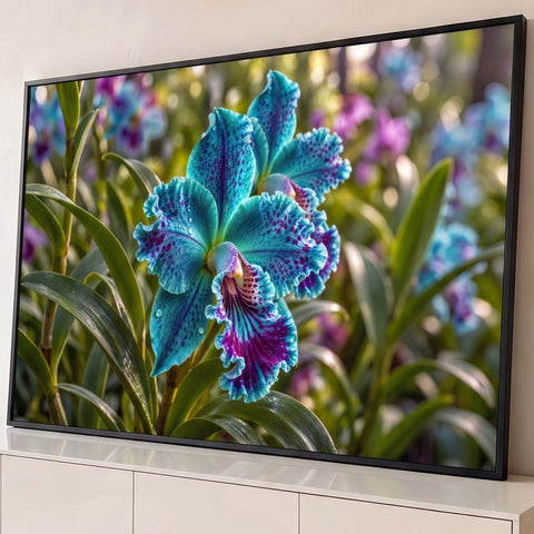 Orquídea turquesa com pintas roxas e gotas de orvalho entre folhas verdes, jardim desfocado, quadro decorativo