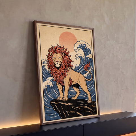 Quadro Decorativo Grande Leão com Juba de Fogo para Sala | quadros decorativos para sala | leão com juba estilizada em chamas laranja sobre rocha, sol e onda japonesa ao fundo | Porao dos Quadros