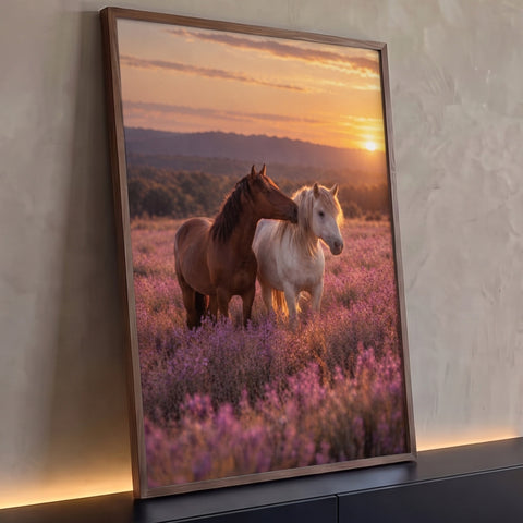 Quadro Decorativo Grande Cavalos para Sala Roxo | quadros decorativos para sala | dois cavalos se afagando em campo de lavanda roxa durante pôr do sol | Porao dos Quadros