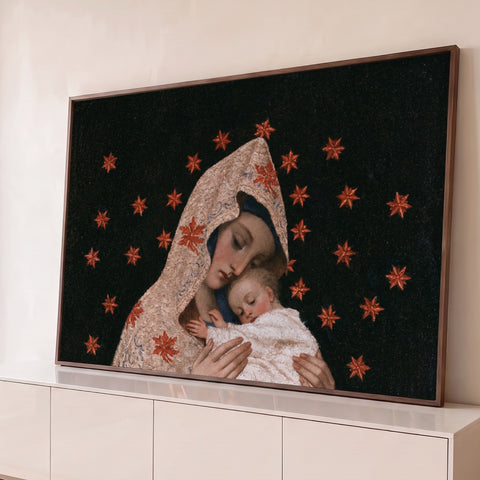 Nossa Senhora abraçando Menino Jesus adormecido, estrelas vermelhas em fundo preto, quadro decorativo