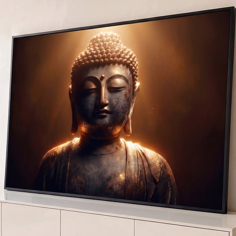 Estátua de Buda em bronze de olhos fechados sob feixe de luz dourada e fundo escuro, quadro decorativo