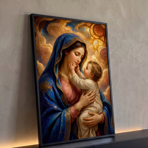 Nossa Senhora de manto azul abraçando o Menino Jesus que toca seu rosto, fundo dourado, quadro decorativo