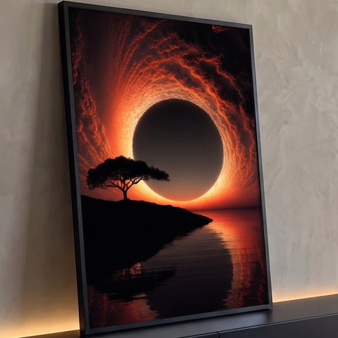 Eclipse solar cercado de nuvens laranja, árvore em silhueta e mar refletindo o céu, quadro decorativo