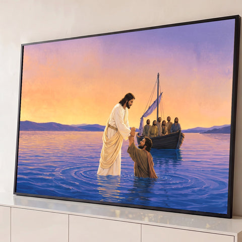 Pintura de Jesus estendendo a mão a Pedro no mar ao pôr do sol, com discípulos no barco, quadro decorativo
