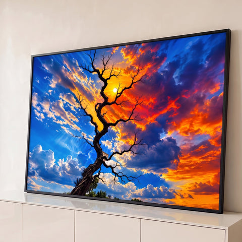 Árvore seca de galhos retorcidos com sol entre os galhos e céu azul e laranja vibrante, quadro decorativo