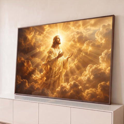 Jesus Cristo de túnica clara olhando para o céu entre nuvens douradas e raios de luz, quadro decorativo