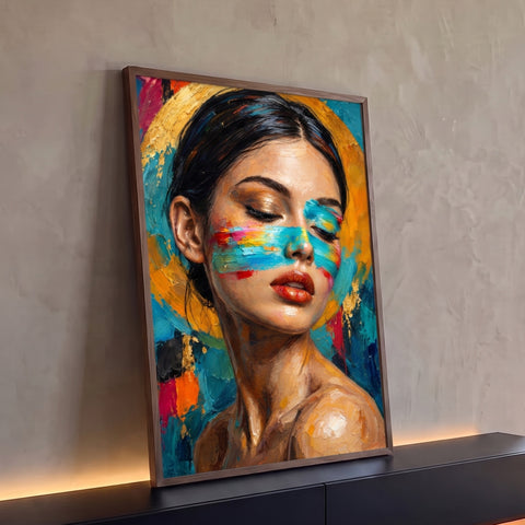 Mulher de olhos fechados com faixa de tinta colorida no rosto e halo dourado, quadro decorativo