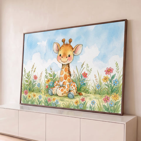 Girafinha sorridente sentada na grama com flores coloridas e céu azul em aquarela, quadro decorativo