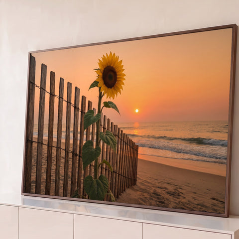 Girassol junto a cerca de madeira na areia da praia ao pôr do sol, mar e céu alaranjado, quadro decorativo