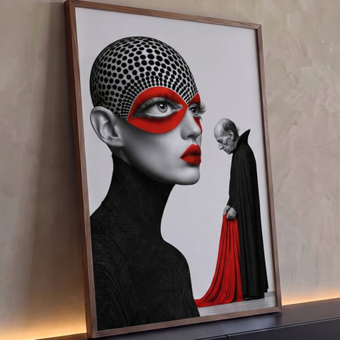 Mulher com cabeça de bolinhas, máscara e batom vermelhos e homem de capa preta, quadro decorativo