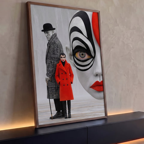 Rosto gigante pintado em listras pretas, batom vermelho e casal vintage de casaco, quadro decorativo
