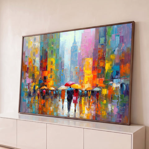 Rua de Nova York na chuva com guarda-chuvas coloridos e Empire State em pintura a óleo, quadro decorativo