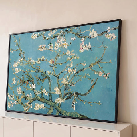 Quadro Decorativo Grande Flor de Amendoeira para Sala Azul | quadros decorativos para sala | galhos de amendoeira em flor branca e rosa sobre fundo azul turquesa | Porao dos Quadros