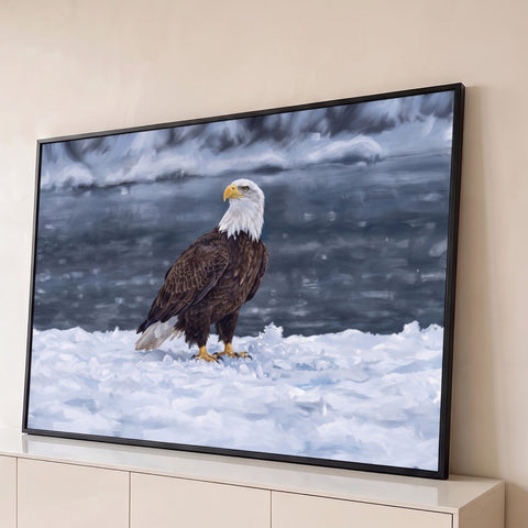 Águia-americana de cabeça branca pousada na neve diante de um rio gelado, pintura realista, quadro decorativo