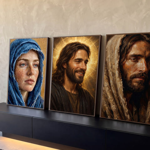 Quadro Decorativo Kit 3 Telas Retratos Sacros para Sala | quadros decorativos para sala | três retratos sacros, Jesus com halo dourado ao centro, mulher de véu azul à esquerda | Porao dos Quadros
