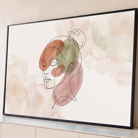 Rosto de mulher com coque em linha única sobre aquarela em tons terrosos, quadro decorativo