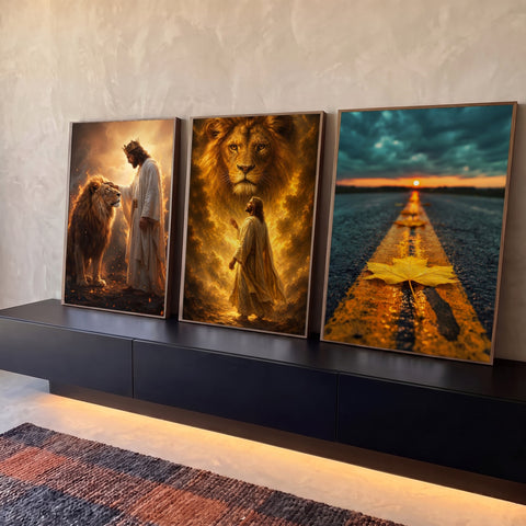 Quadro Decorativo Kit 3 Telas Jesus Coroado para Sala | quadros decorativos para sala | jesus coroado tocando leão dourado em cena de fogo e luz dourada | Porao dos Quadros