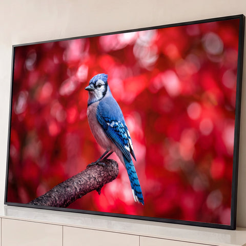 Pássaro gaio-azul pousado em galho com fundo vermelho de outono desfocado, quadro decorativo