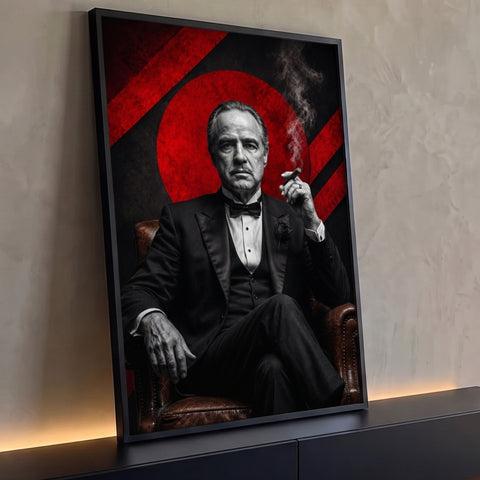 Chefão de smoking com charuto em poltrona de couro, fundo preto com círculo vermelho, quadro decorativo