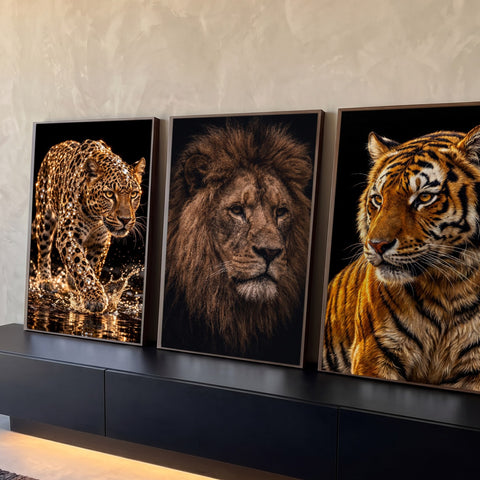 Quadro Decorativo Kit 3 Telas Leopardo Leão para Sala Preto | quadros decorativos para sala | leopardo, leão e tigre em fundo preto, estilo fotografia realista | Porao dos Quadros