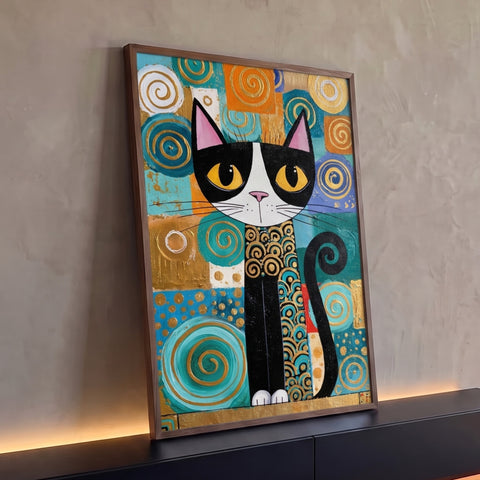 Gato preto e branco de olhos amarelos com espirais douradas sobre fundo turquesa e laranja, quadro decorativo