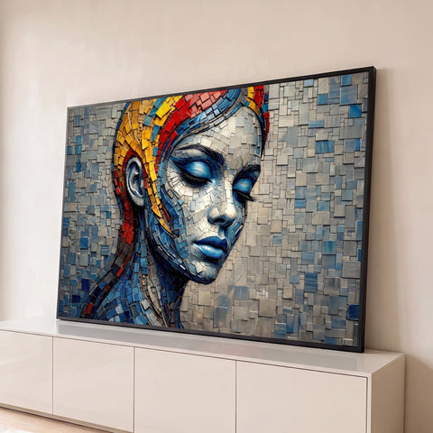 Rosto de mulher de olhos fechados em mosaico azul e cinza com cabelo vermelho e amarelo, quadro decorativo