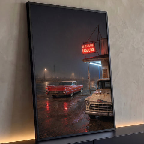 Cadillac vermelho e caminhonete antiga sob letreiro neon em noite de chuva, quadro decorativo