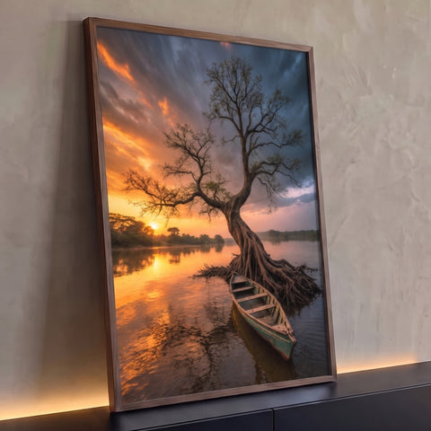 Árvore de raízes expostas no rio com canoa de madeira ao pôr do sol laranja, quadro decorativo