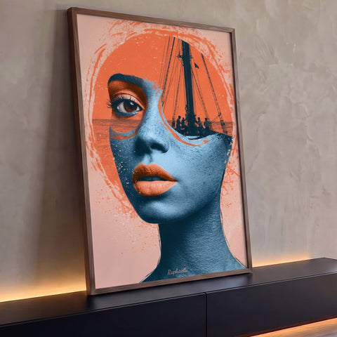 Rosto de mulher azul com veleiro e tripulação no mar em fundo laranja, quadro decorativo