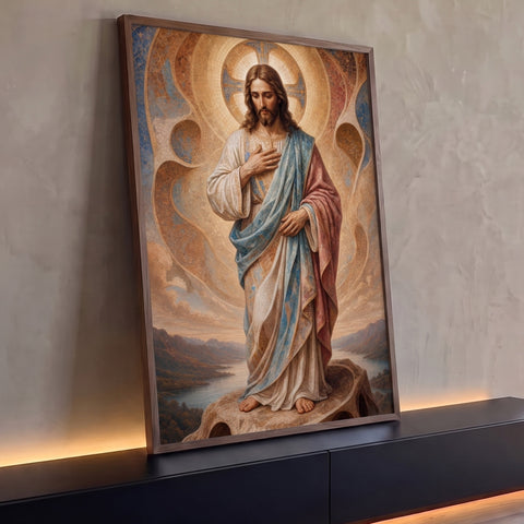 Jesus Cristo de pé com mão no peito, manto azul e vermelho e auréola em mosaico dourado, quadro decorativo