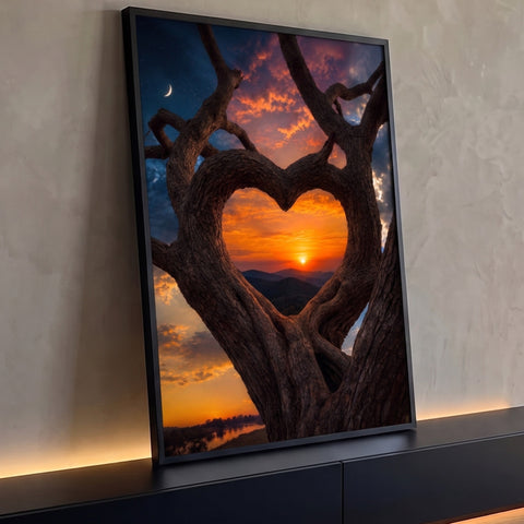 Árvore com galhos em forma de coração emoldurando pôr do sol laranja sobre montanhas, quadro decorativo