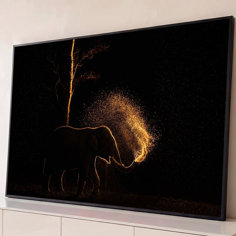 Elefante em silhueta contraluz borrifando água dourada sob árvore seca na noite, quadro decorativo