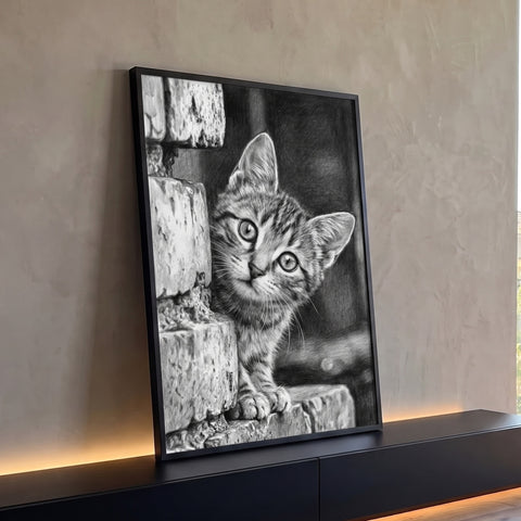 Filhote de gato listrado espiando entre degraus de pedra em grafite preto e branco, quadro decorativo