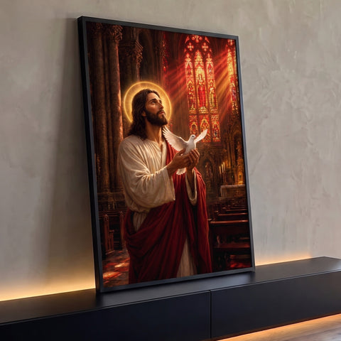 Jesus com auréola segurando pomba branca em catedral com vitrais vermelhos, quadro decorativo